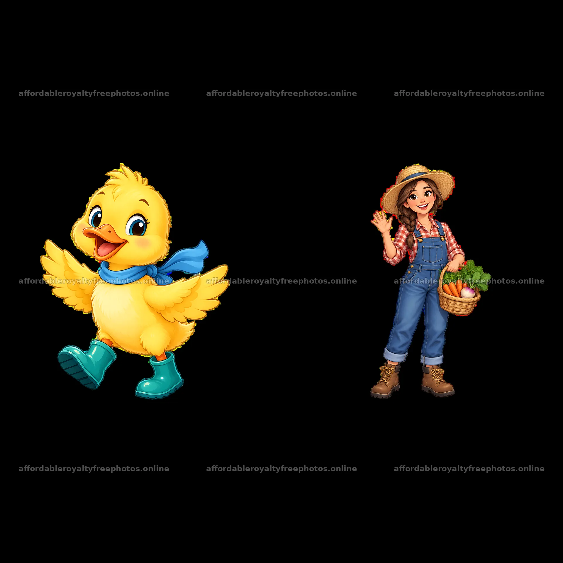 Cartoon farm girl with basket and cheerful yellow duck – royalty-free photos 7746x7746