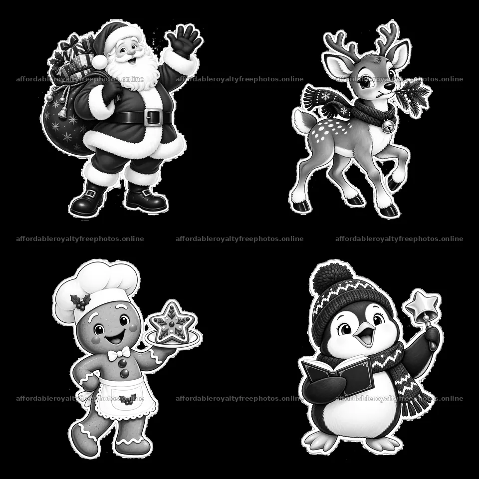 Santa, reindeer, chef, and penguin in Christmas themed stickers – royalty-free photos 7746x7746