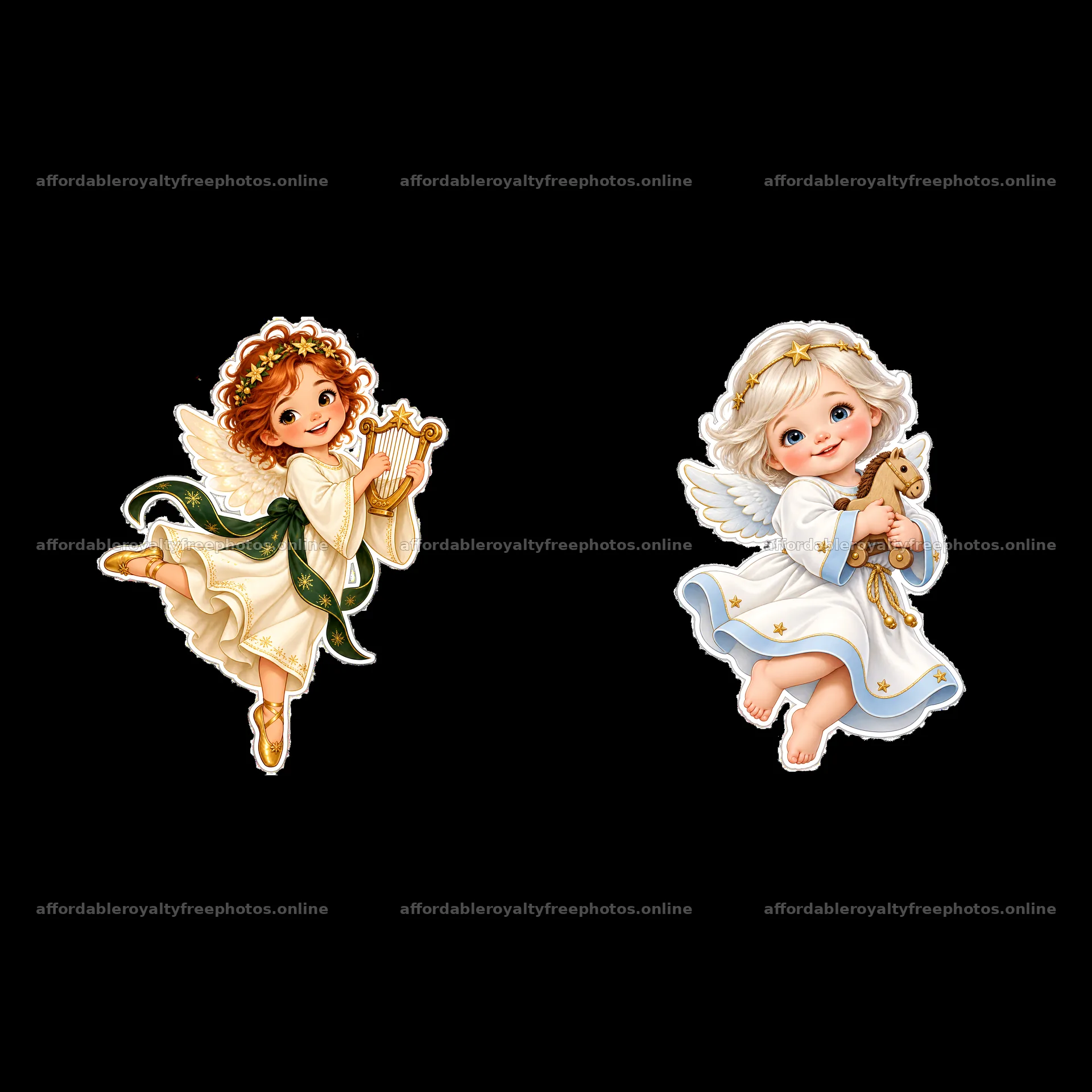 Christ Child illustrations with harps and toys for – royalty-free photos 7746x7746