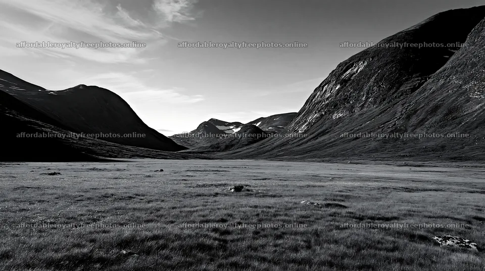 Sunbeams shine over Jotunheimen valley meadow in black – royalty-free photos 10608x5938