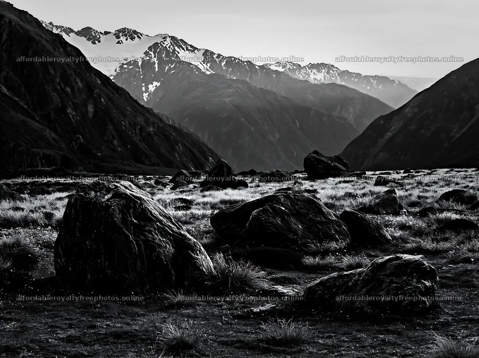 Meadow with boulders and mountains in the background – royalty-free photos 9174x6866