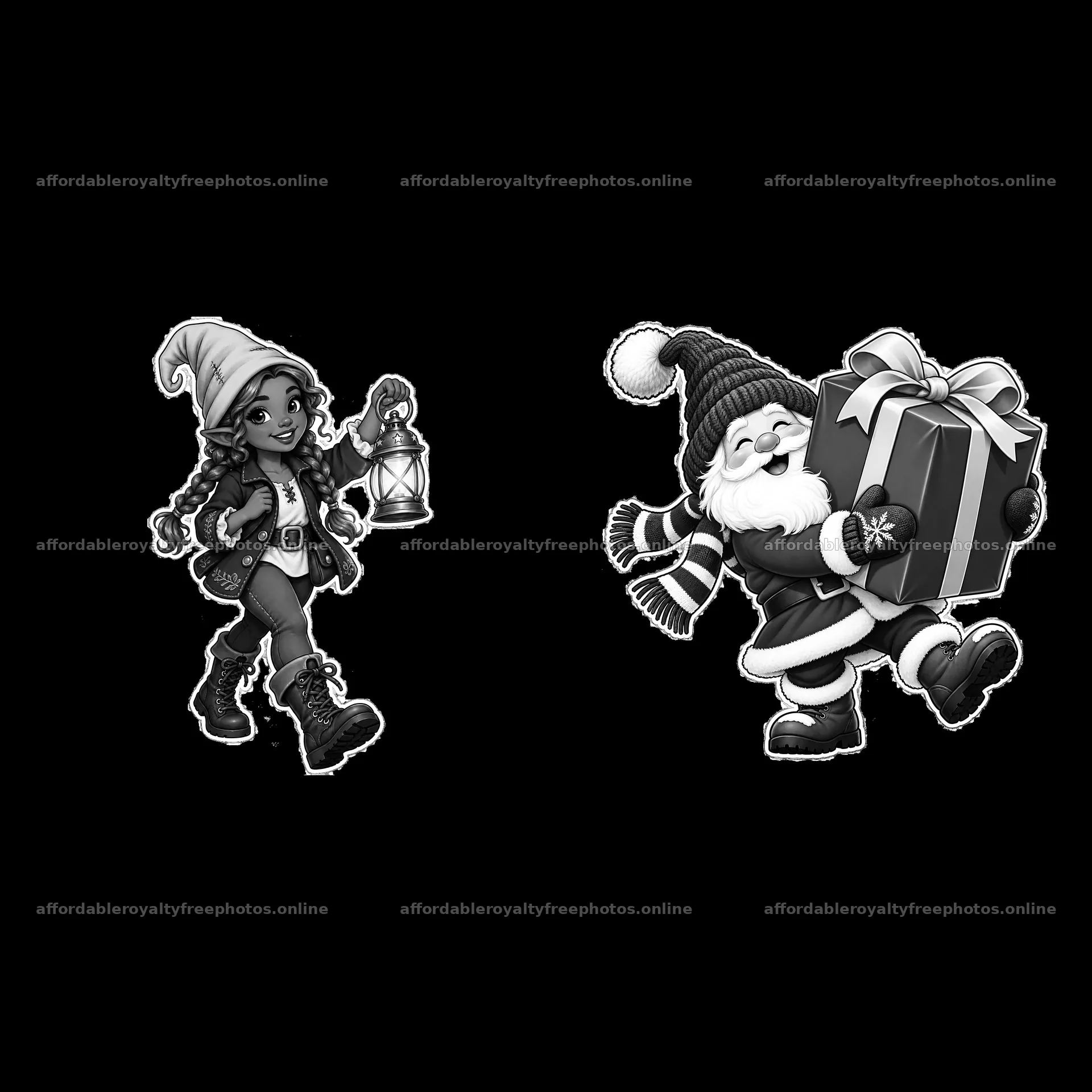 Gnome girl with lantern and Santa carrying a gift – royalty-free photos 7746x7746