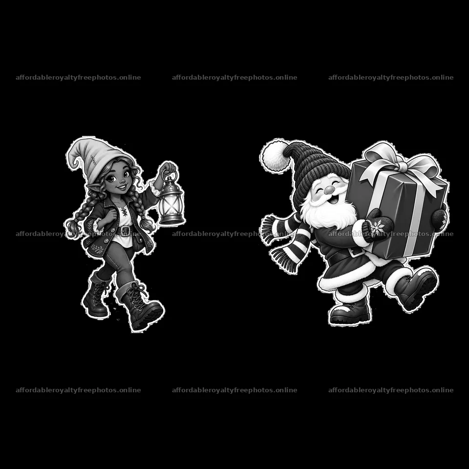 Gnome girl with lantern and Santa carrying a gift – royalty-free photos 7746x7746