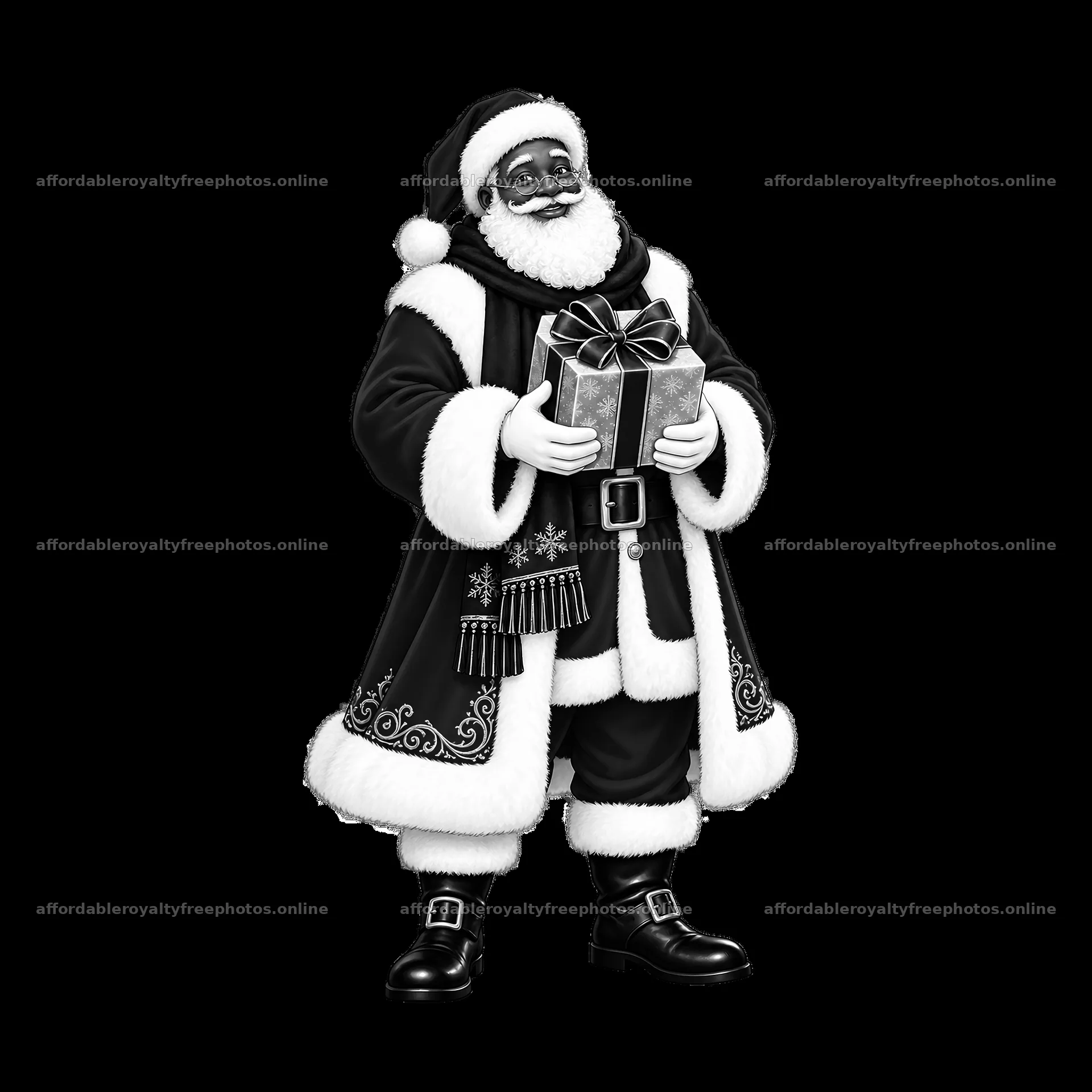 Santa Claus holding a gift in black and white cartoon style – royalty-free photos 7746x7746
