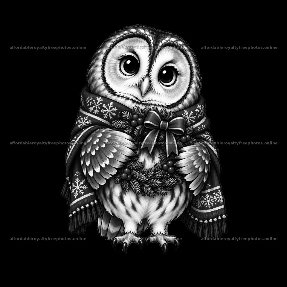 Christmas owl in a festive scarf holding a bow – royalty-free photos 7746x7746