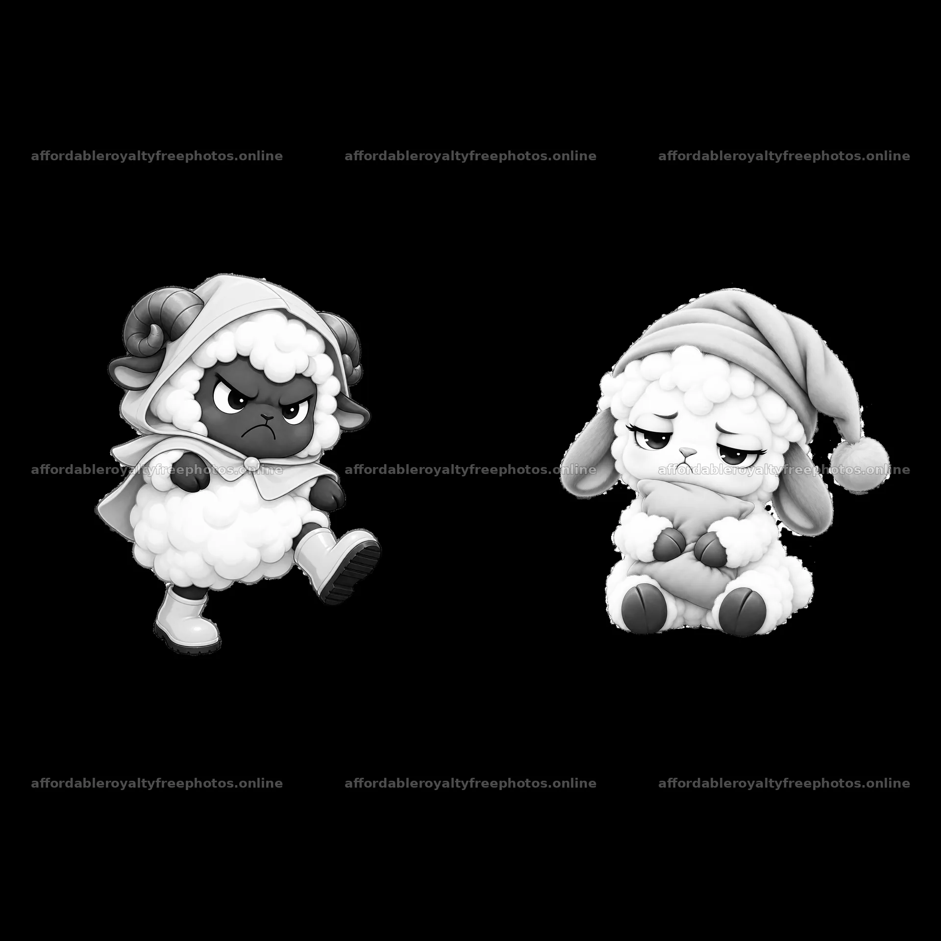 Kawaii grumpy sheep characters with distinct expressions – royalty-free photos 7746x7746