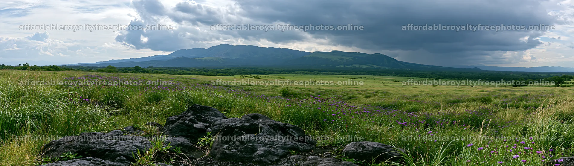 Kumamoto volcanic meadow with dark rocks in the – royalty-free photos 14762x4268