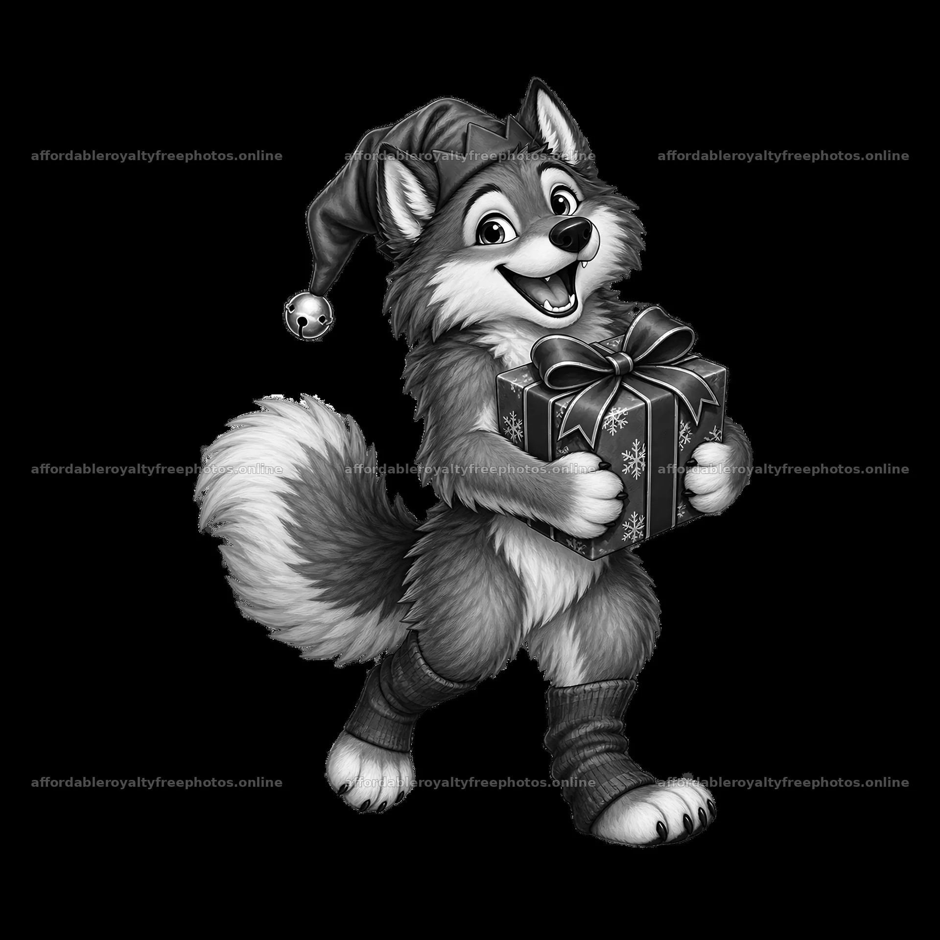 Christmas wolf character with a gift in a festive hat – royalty-free photos 7746x7746