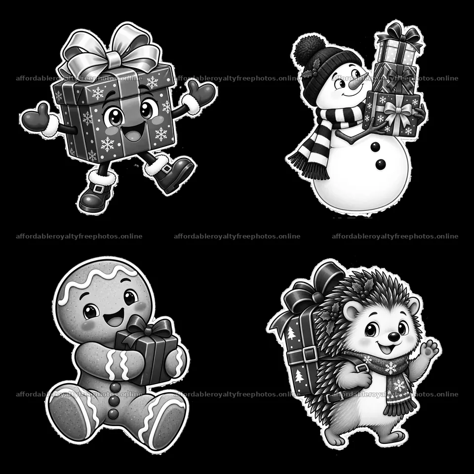 Christmas characters with gifts in monochrome design – royalty-free photos 7746x7746
