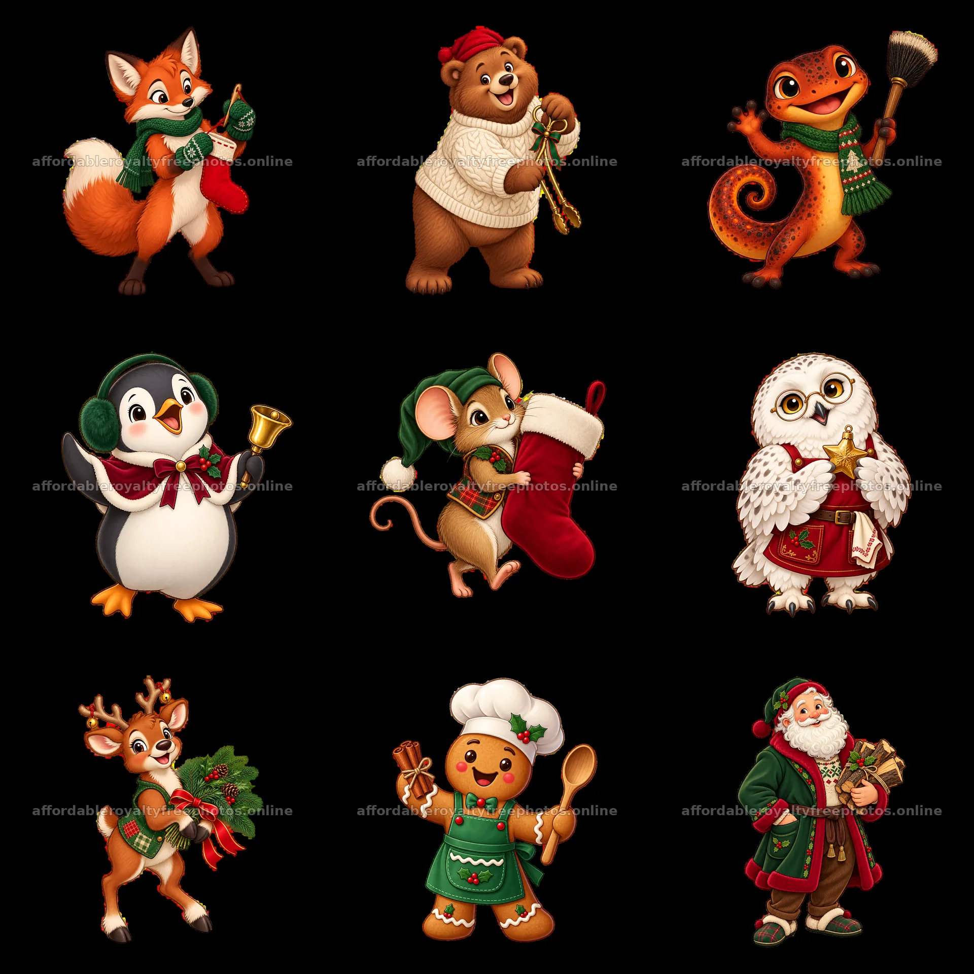 Christmas animals and characters celebrating by the – royalty-free photos 7746x7746