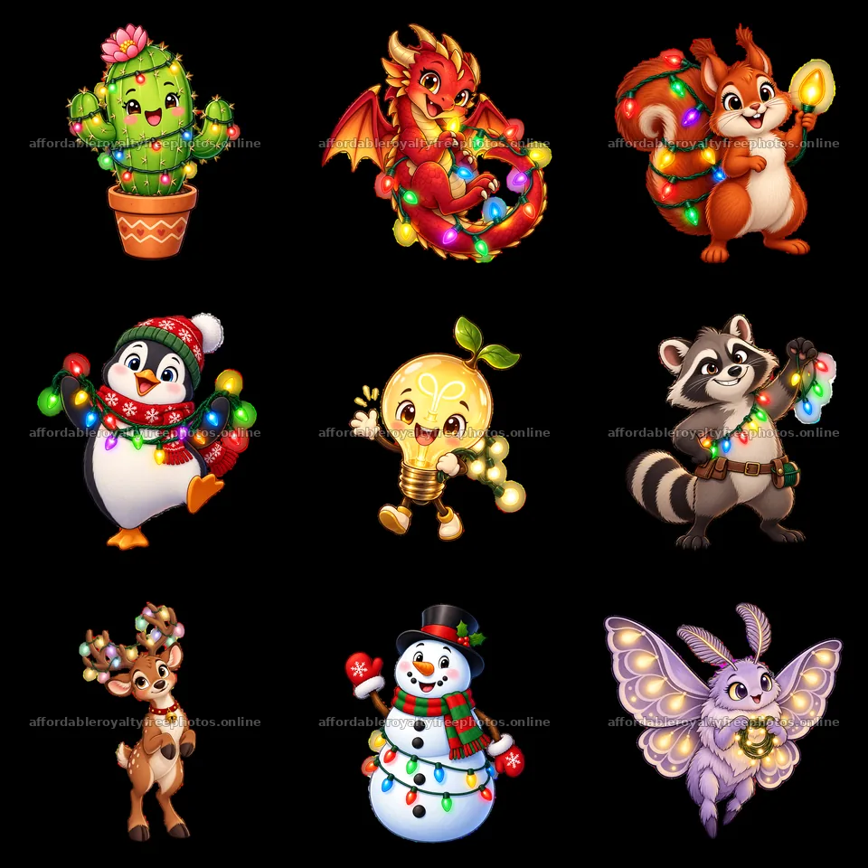 Funny cartoon characters with string lights in a 3x3 grid – royalty-free photos 7746x7746