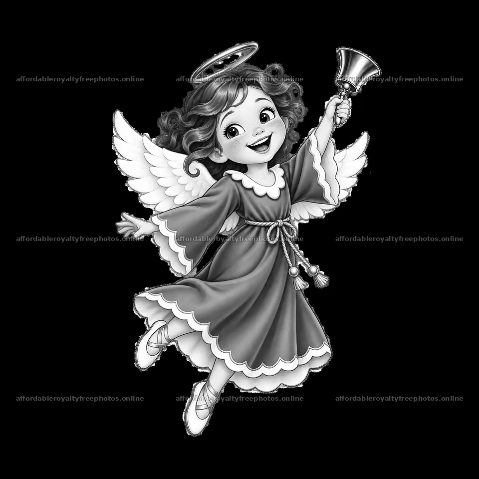 Christmas angel ringing a bell with joyful expression – royalty-free photos 7746x7746