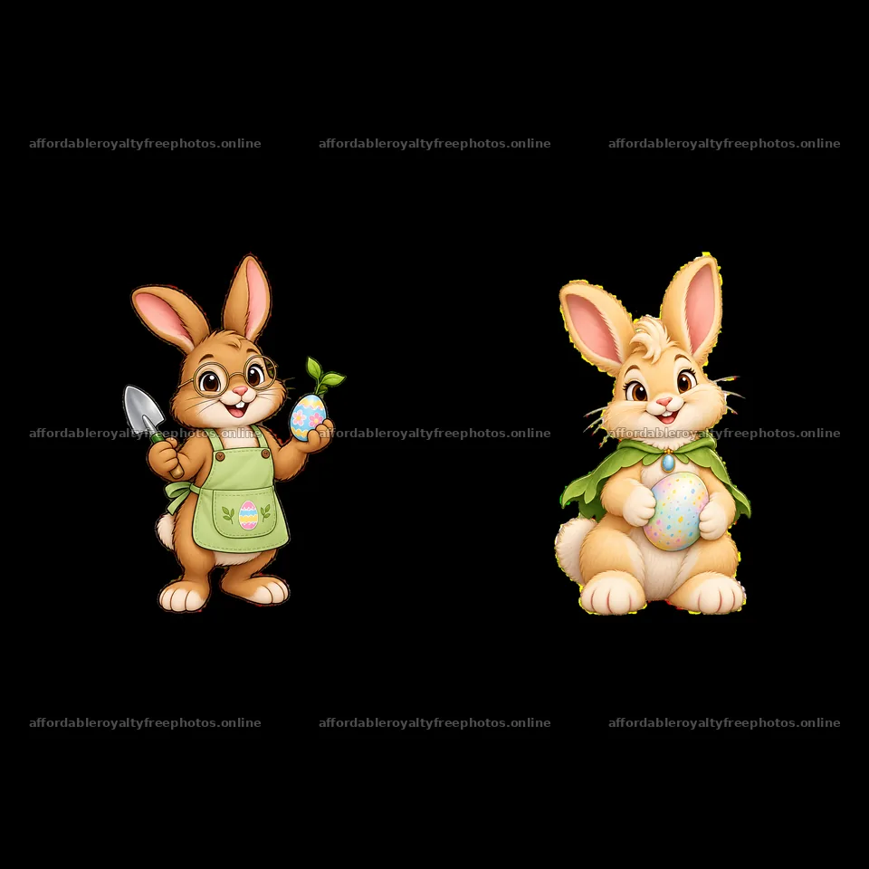 Easter bunnies holding decorated eggs in cheerful poses – royalty-free photos 7746x7746