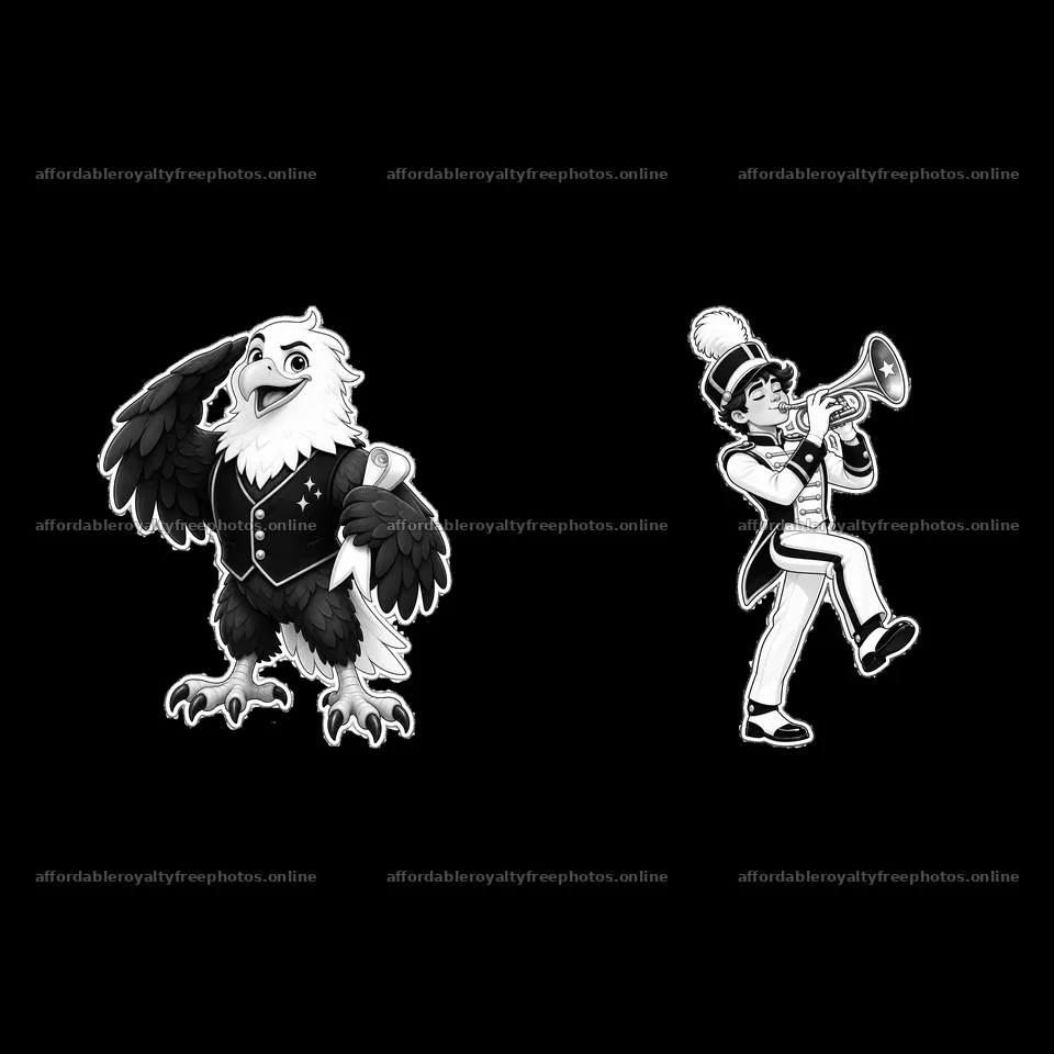 Cartoon eagle in a tuxedo with a marching band member – royalty-free photos 7746x7746