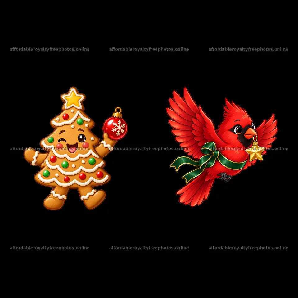 Gingerbread tree and cardinal bird Christmas cartoon – royalty-free photos 7746x7746