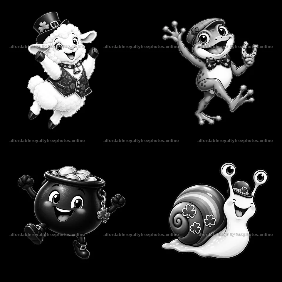 Cartoon characters celebrating St. Patrick's Day in four – royalty-free photos 7746x7746