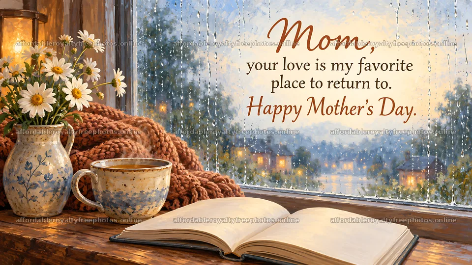 Cozy Mother's Day Greeting by a Rainy Window – royalty-free photos 10324x5812