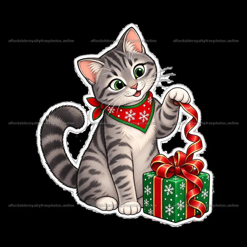 Cute cat playing with a Christmas present with ribbon – royalty-free photos 7746x7746