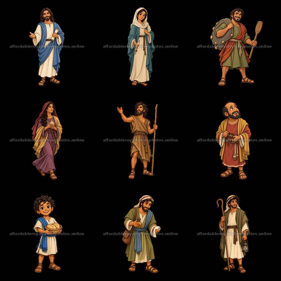 Jesus and biblical characters illustrated in a 3x3 grid – royalty-free photos 7746x7746