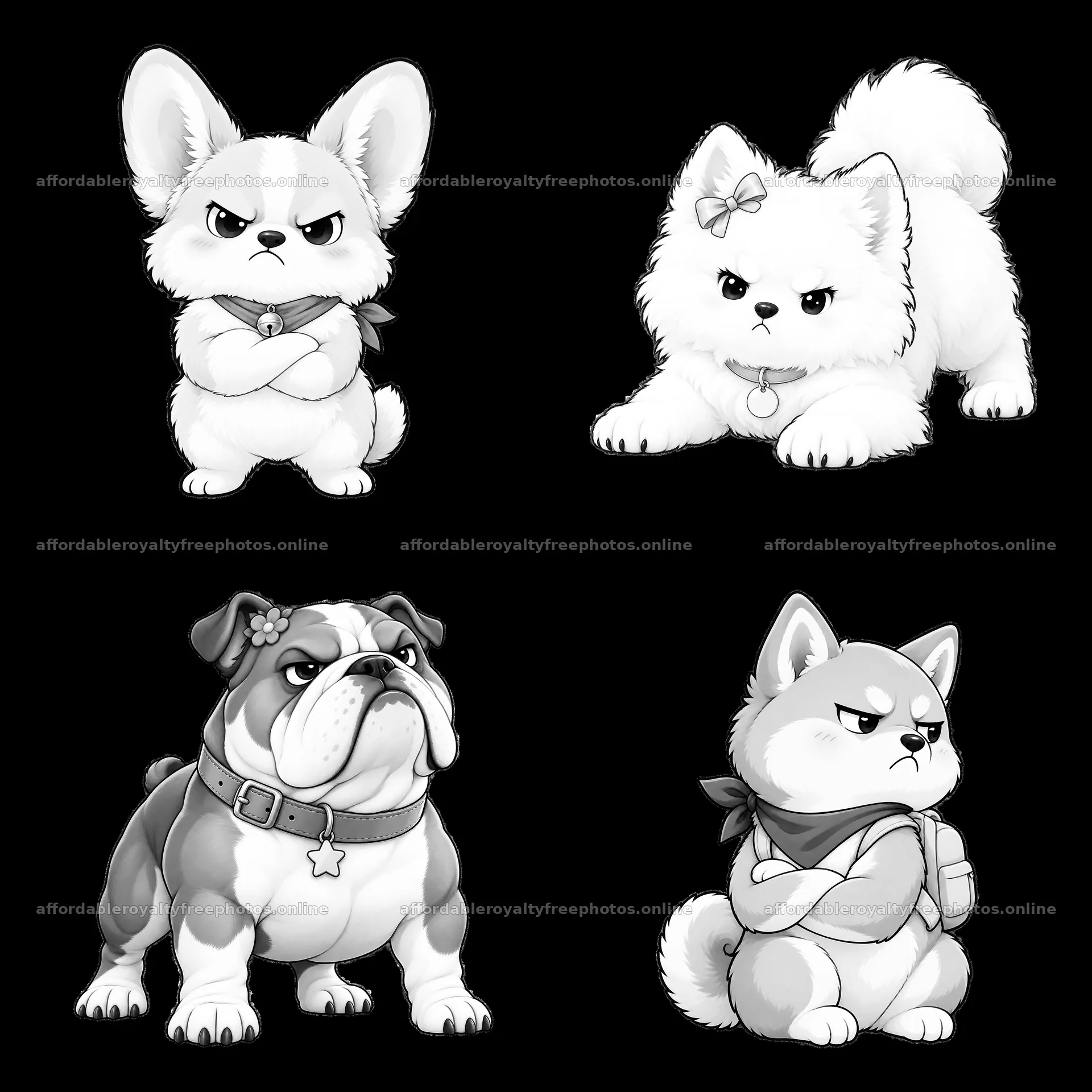 Kawaii grumpy dog characters in monochrome cartoon – royalty-free photos 7746x7746