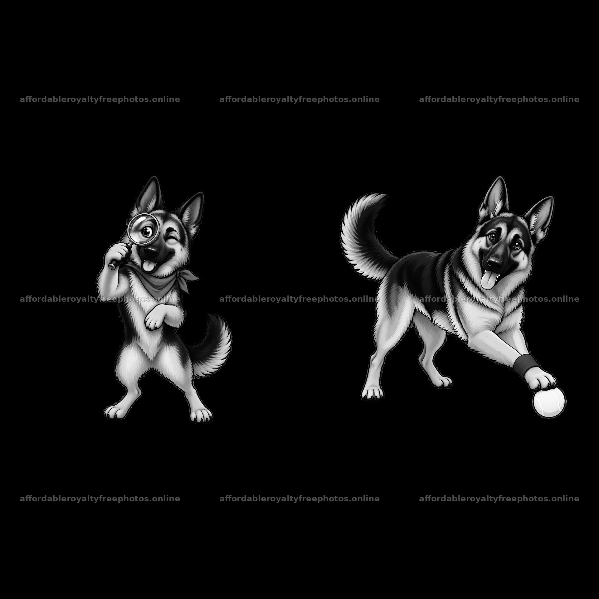 Playful German Shepherd dog with ball and magnifying – royalty-free photos 7746x7746