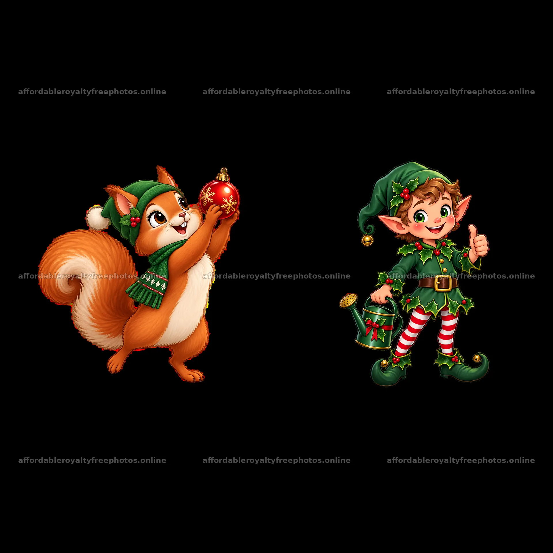 Squirrel holds a red ornament with an elf in a Christmas – royalty-free photos 7746x7746