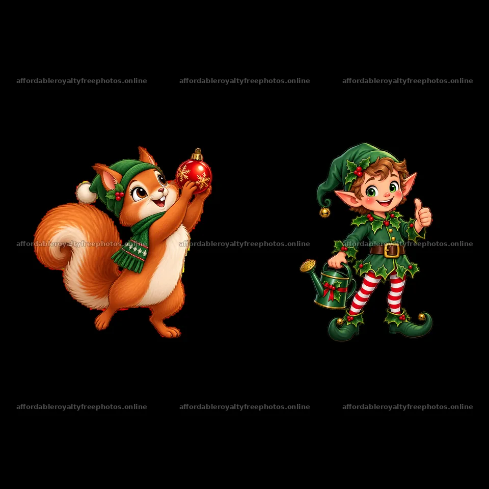 Squirrel holds a red ornament with an elf in a Christmas – royalty-free photos 7746x7746