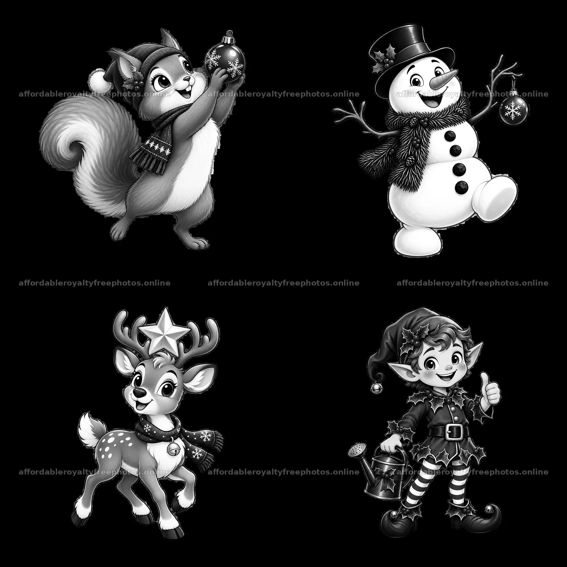 Christmas characters with decorations in a 2x2 layout – royalty-free photos 7746x7746