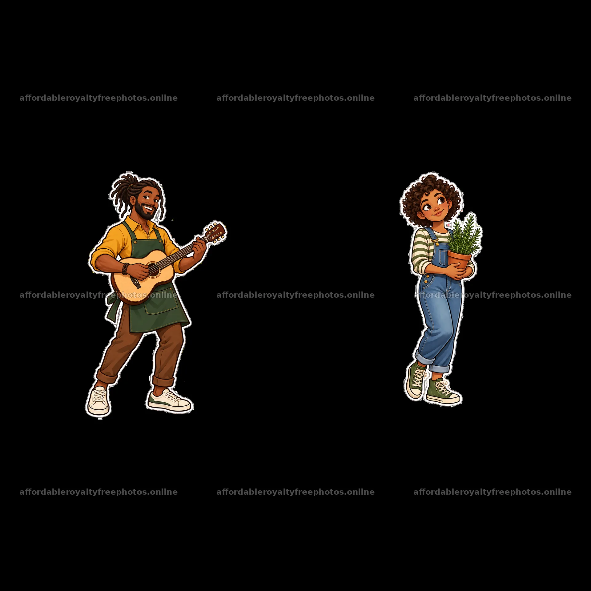 Musician with guitar and girl holding potted plant – royalty-free photos 7746x7746