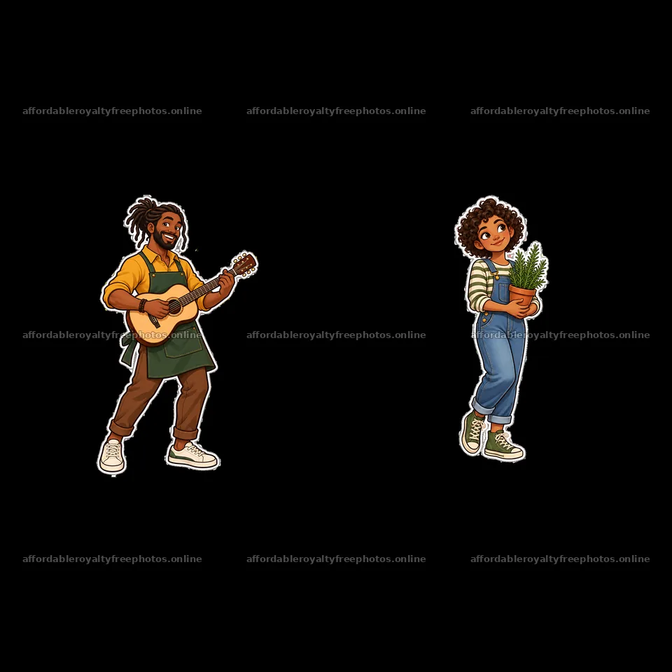 Musician with guitar and girl holding potted plant – royalty-free photos 7746x7746