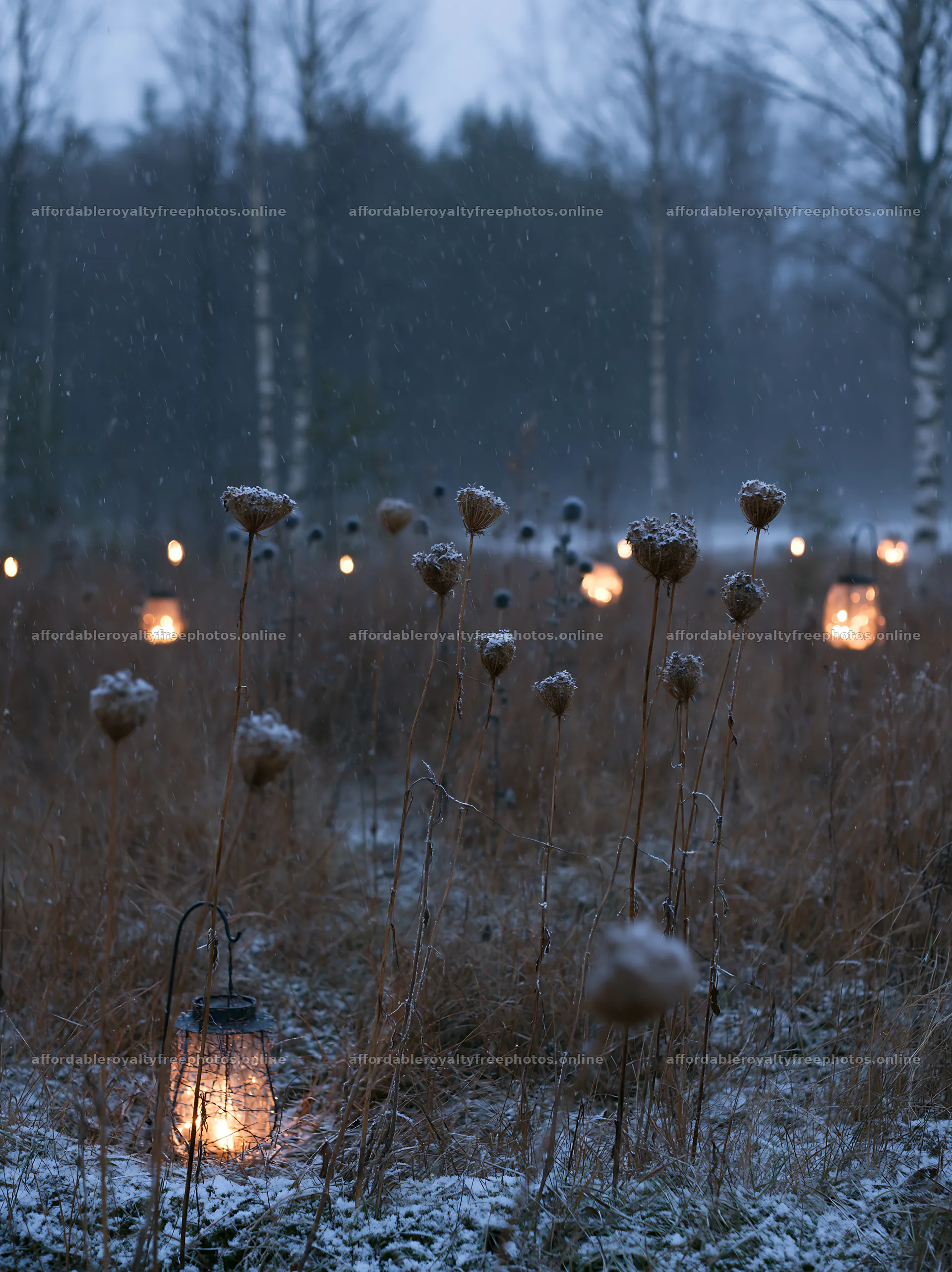 Vast Christmas meadow with frost seedheads and lanterns – royalty-free photos 6866x9174