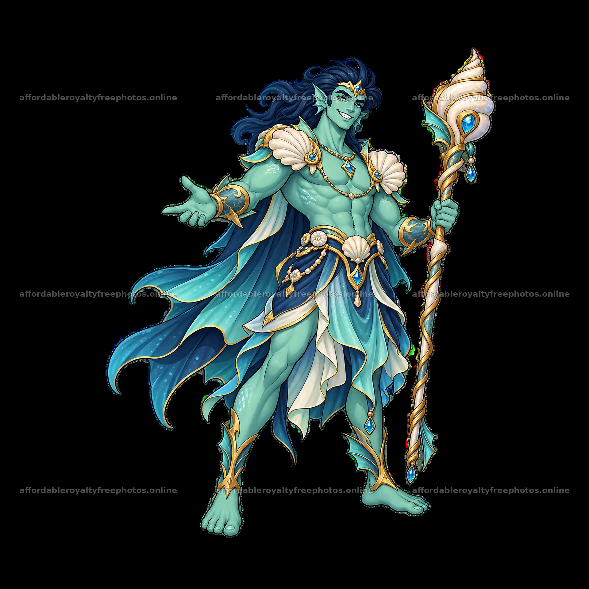 Poseidon with a trident in turquoise robes and a golden – royalty-free photos 7746x7746