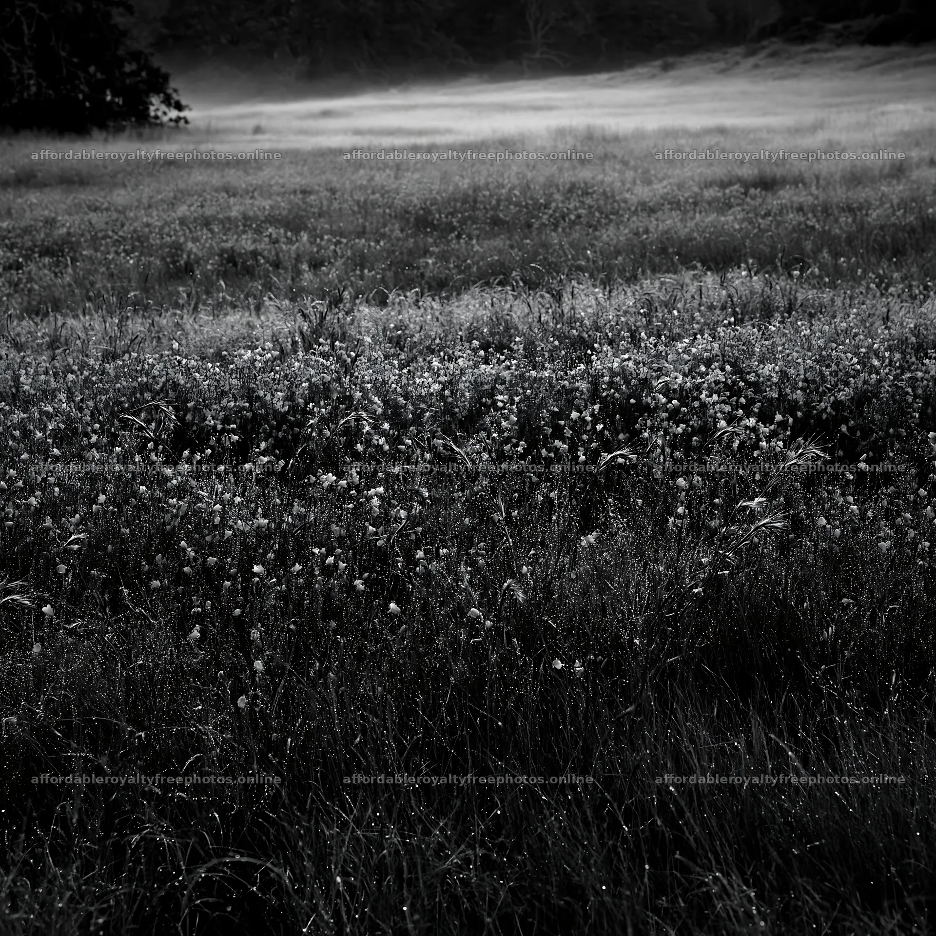 Silver dew meadow with purple flowers under morning light – royalty-free photos 7938x7938