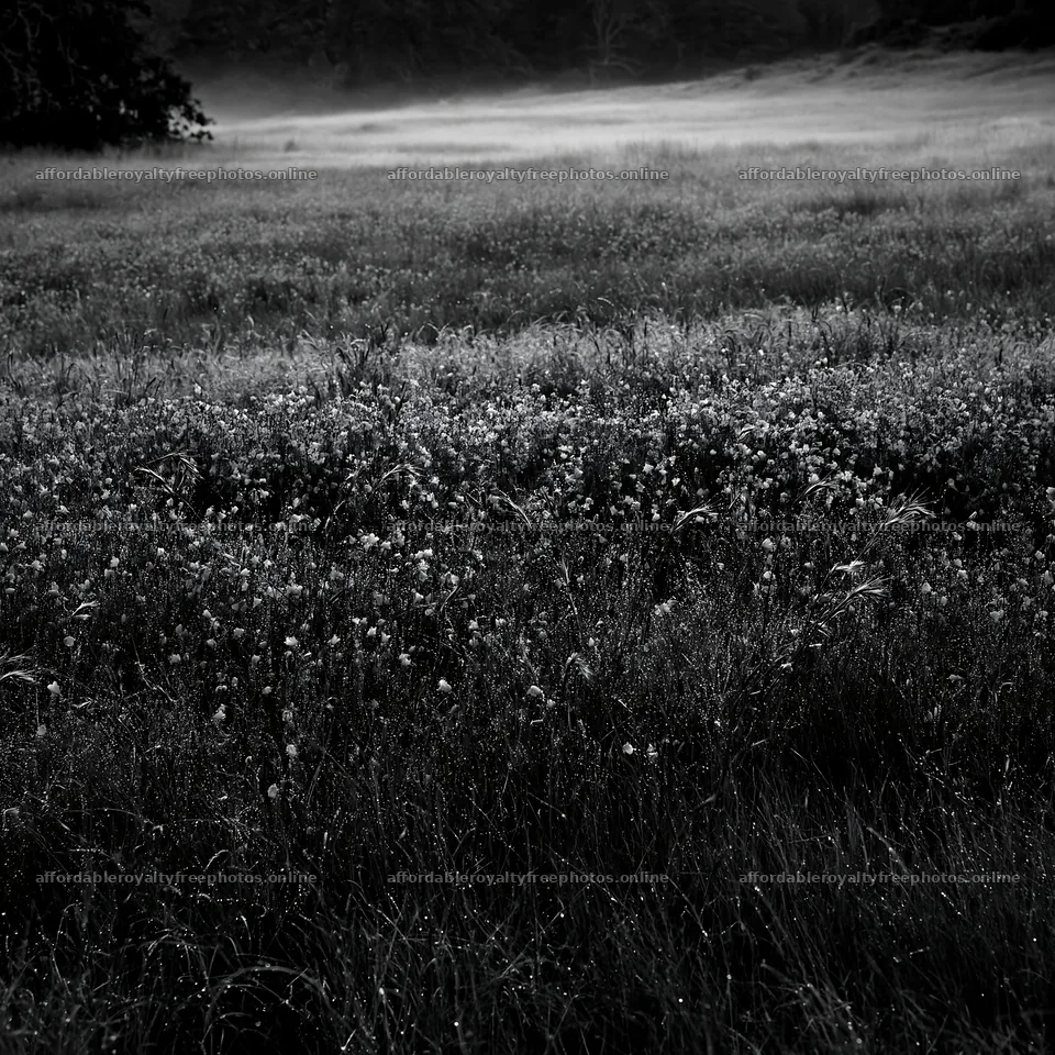 Silver dew meadow with purple flowers under morning light – royalty-free photos 7938x7938