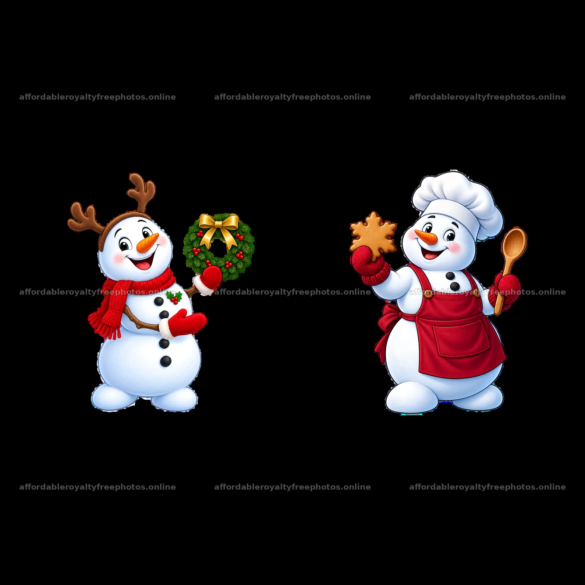 Snowman with wreath and snowman baking a cookie – royalty-free photos 7746x7746