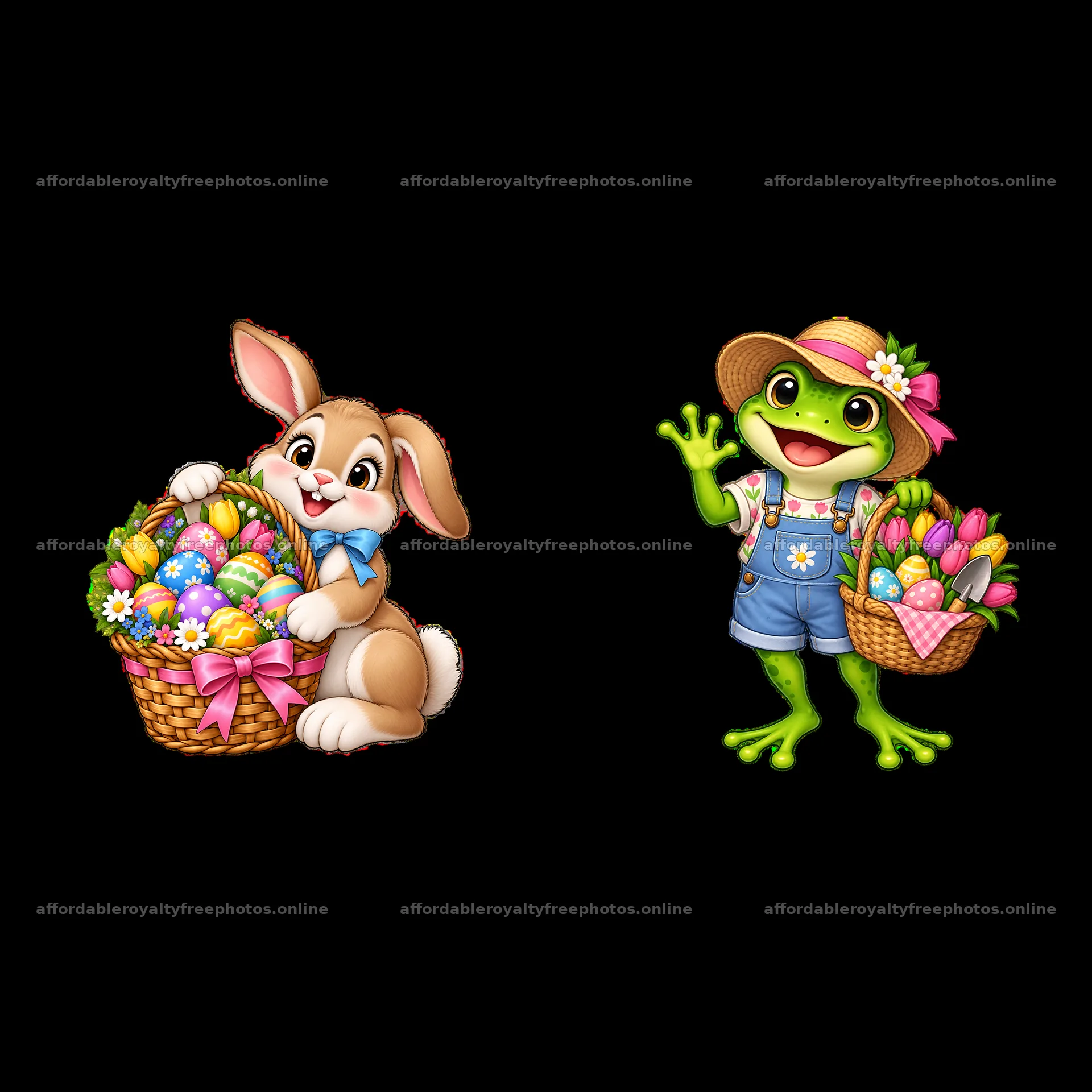 Easter basket with bunny and frog holding colorful eggs – royalty-free photos 7746x7746