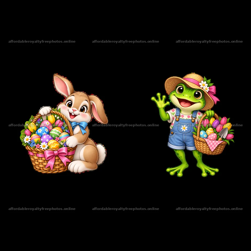 Easter basket with bunny and frog holding colorful eggs – royalty-free photos 7746x7746