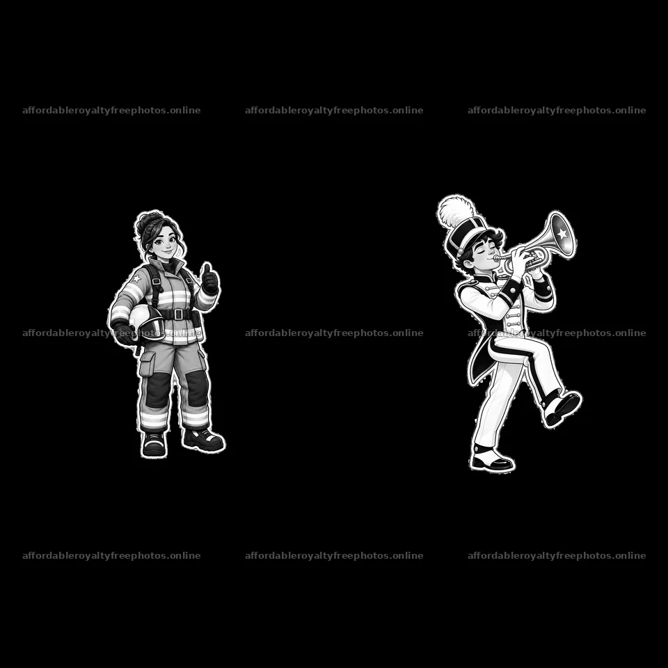 Firefighter and musician cartoon stickers in black and – royalty-free photos 7746x7746