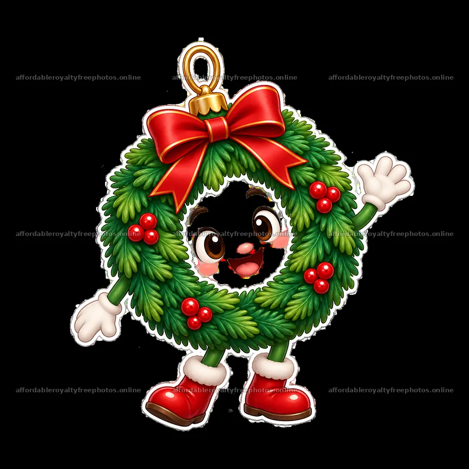 Cheerful cartoon wreath character with red bow and boots – royalty-free photos 7746x7746