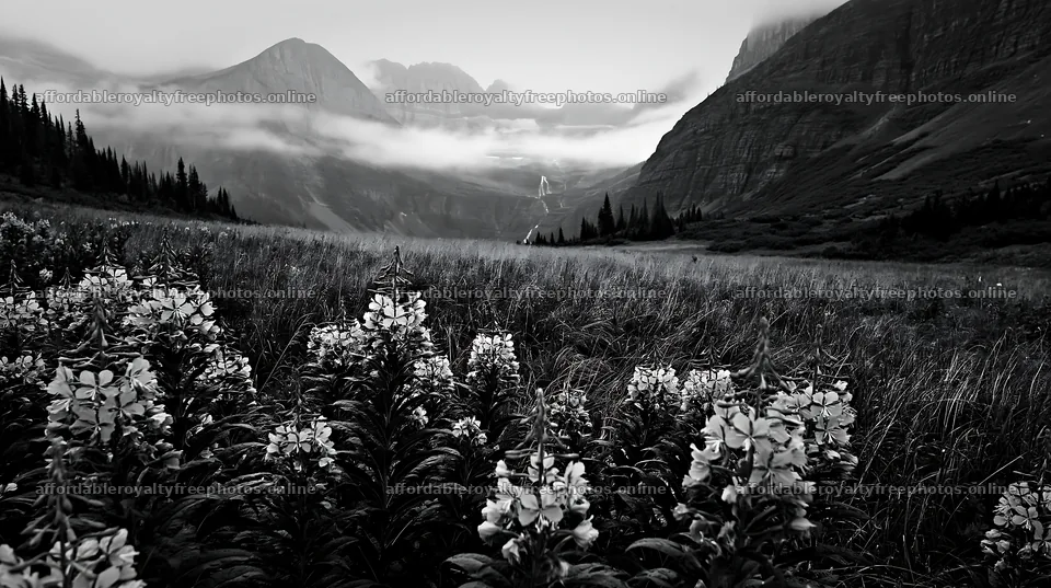 Misty mountain waterfall in a meadow with flowers – royalty-free photos 10608x5938