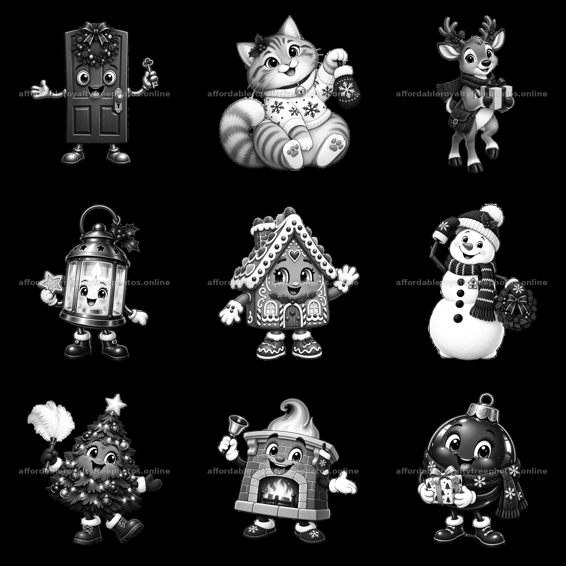 Cartoon Christmas characters in a 3x3 arrangement – royalty-free photos 7746x7746