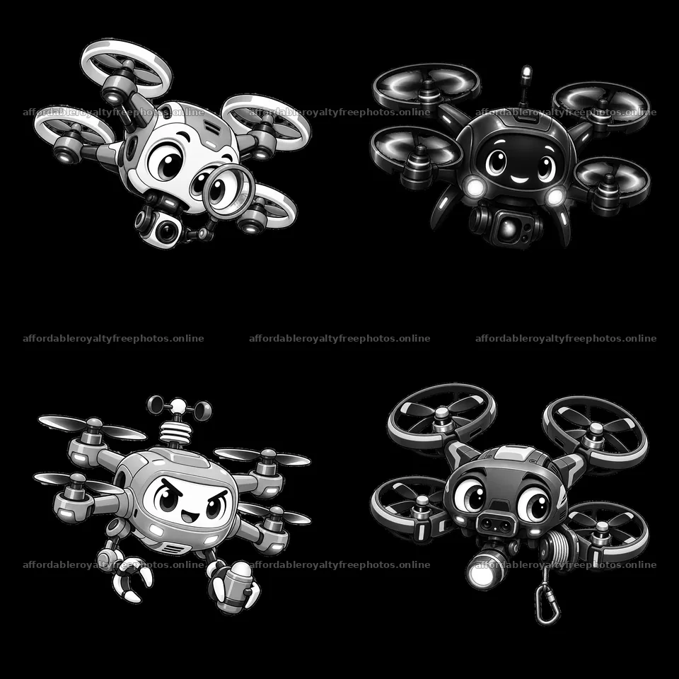 Four cartoon drones with distinct features and – royalty-free photos 7746x7746