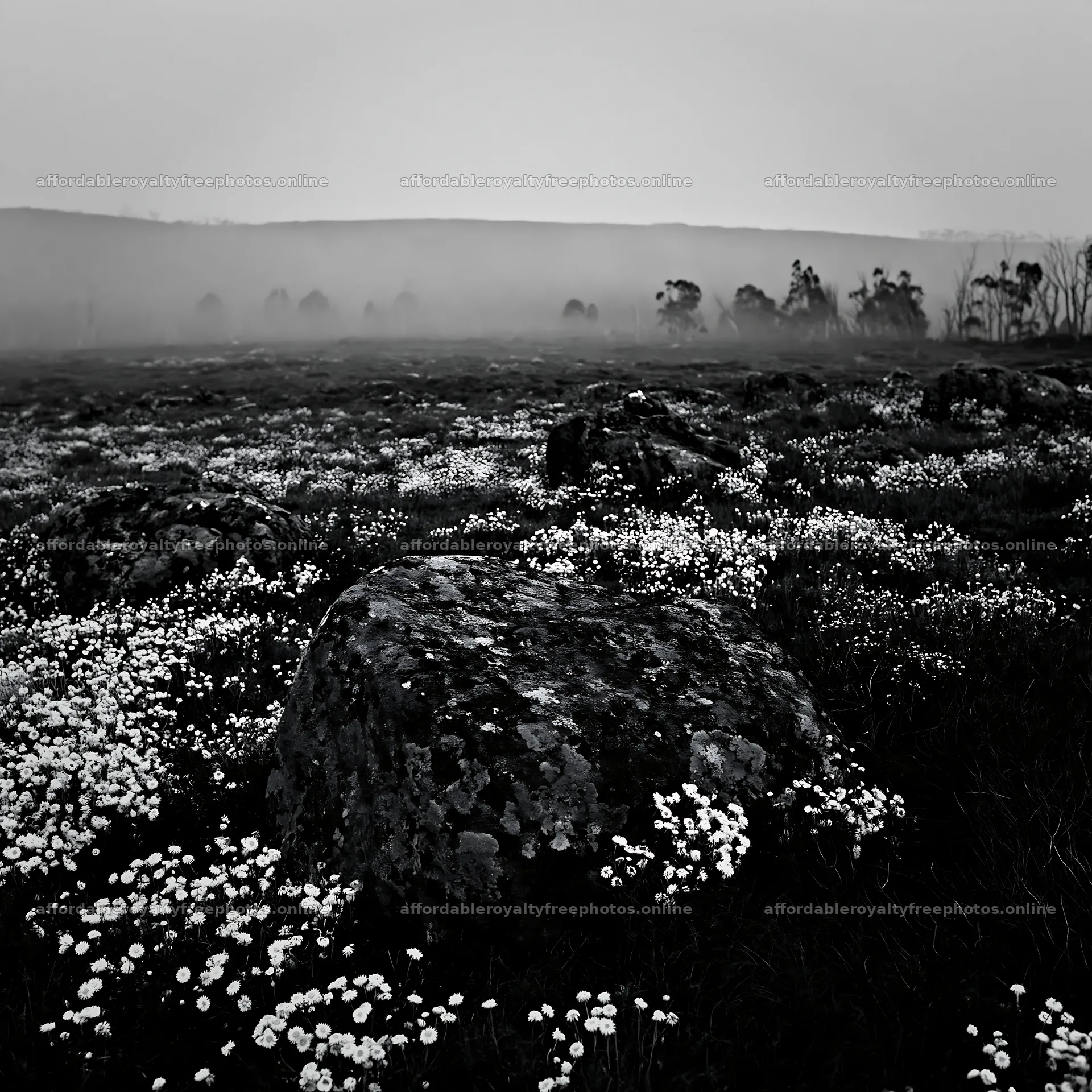 Meadow with boulders and flowers under foggy conditions – royalty-free photos 7938x7938