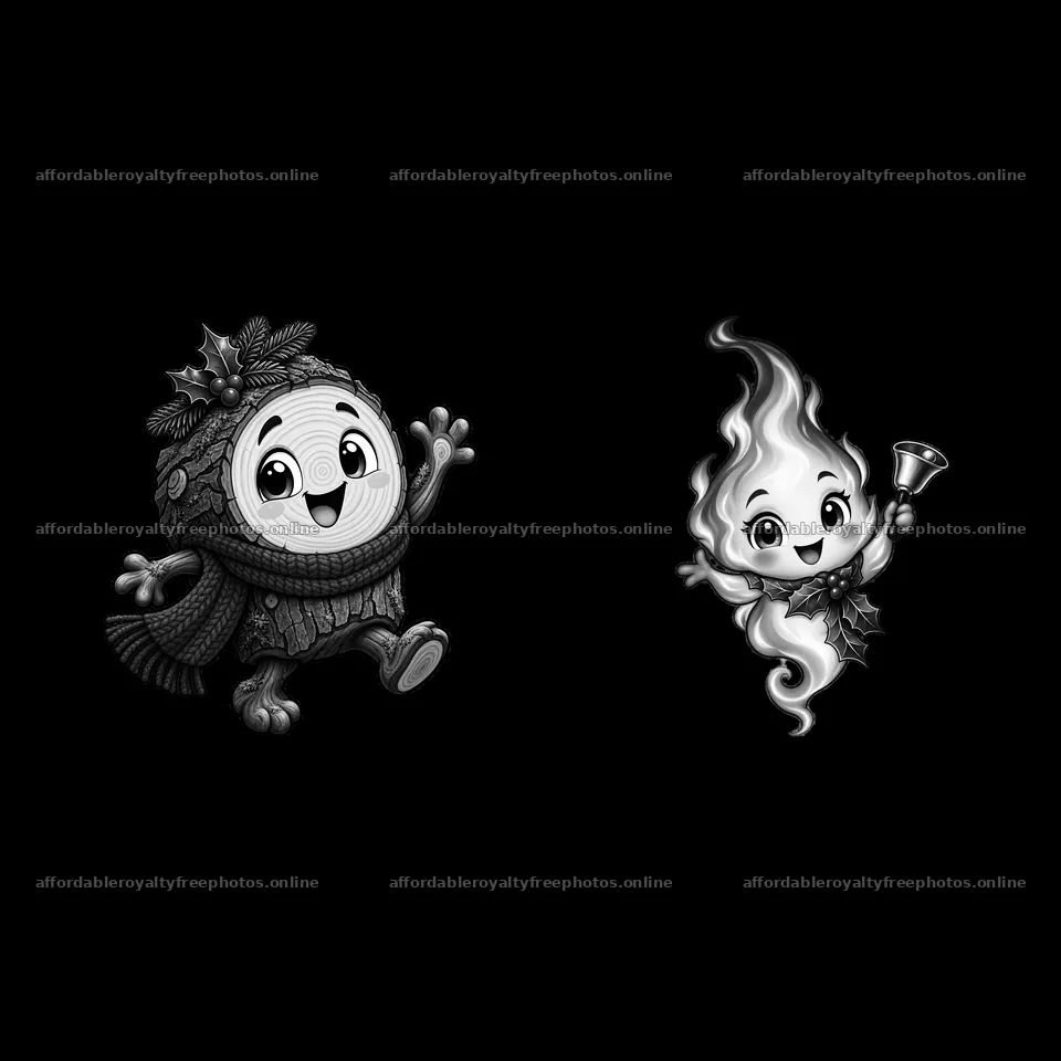 Cartoon stickers of a joyful log and a cheerful flame for Christmas – royalty-free photos 7746x7746