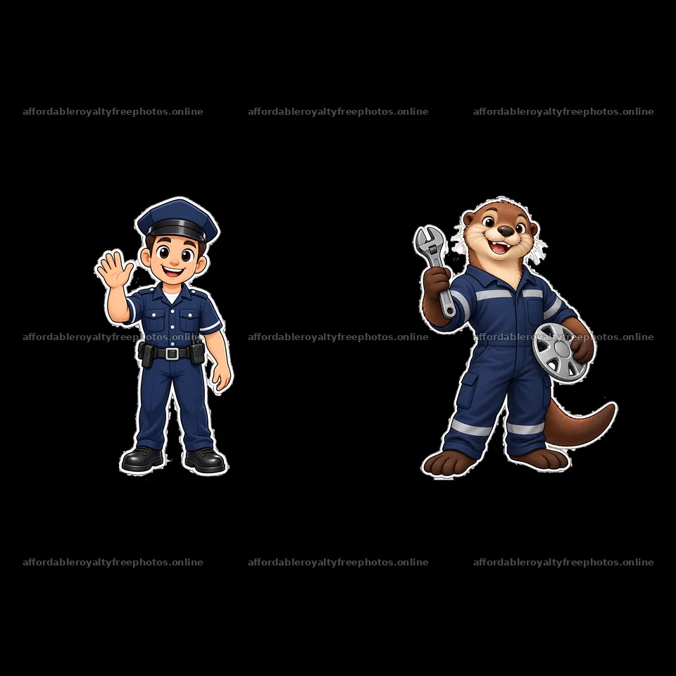 Cartoon police officer and otter mechanic characters – royalty-free photos 7746x7746