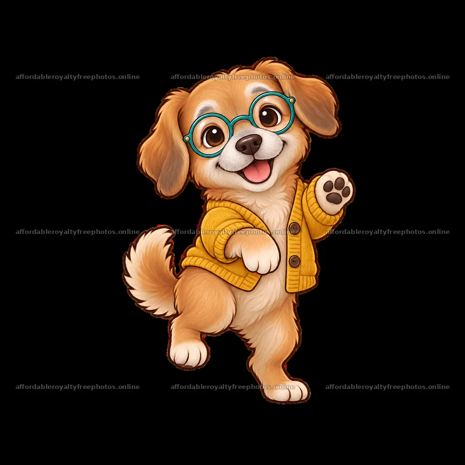 Cute dog wearing glasses and a sweater waving happily – royalty-free photos 7746x7746