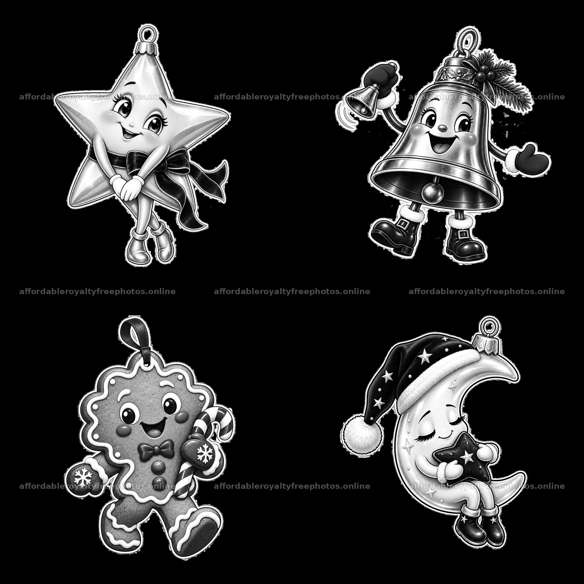 Four cartoon Christmas ornaments in a monochrome design – royalty-free photos 7746x7746