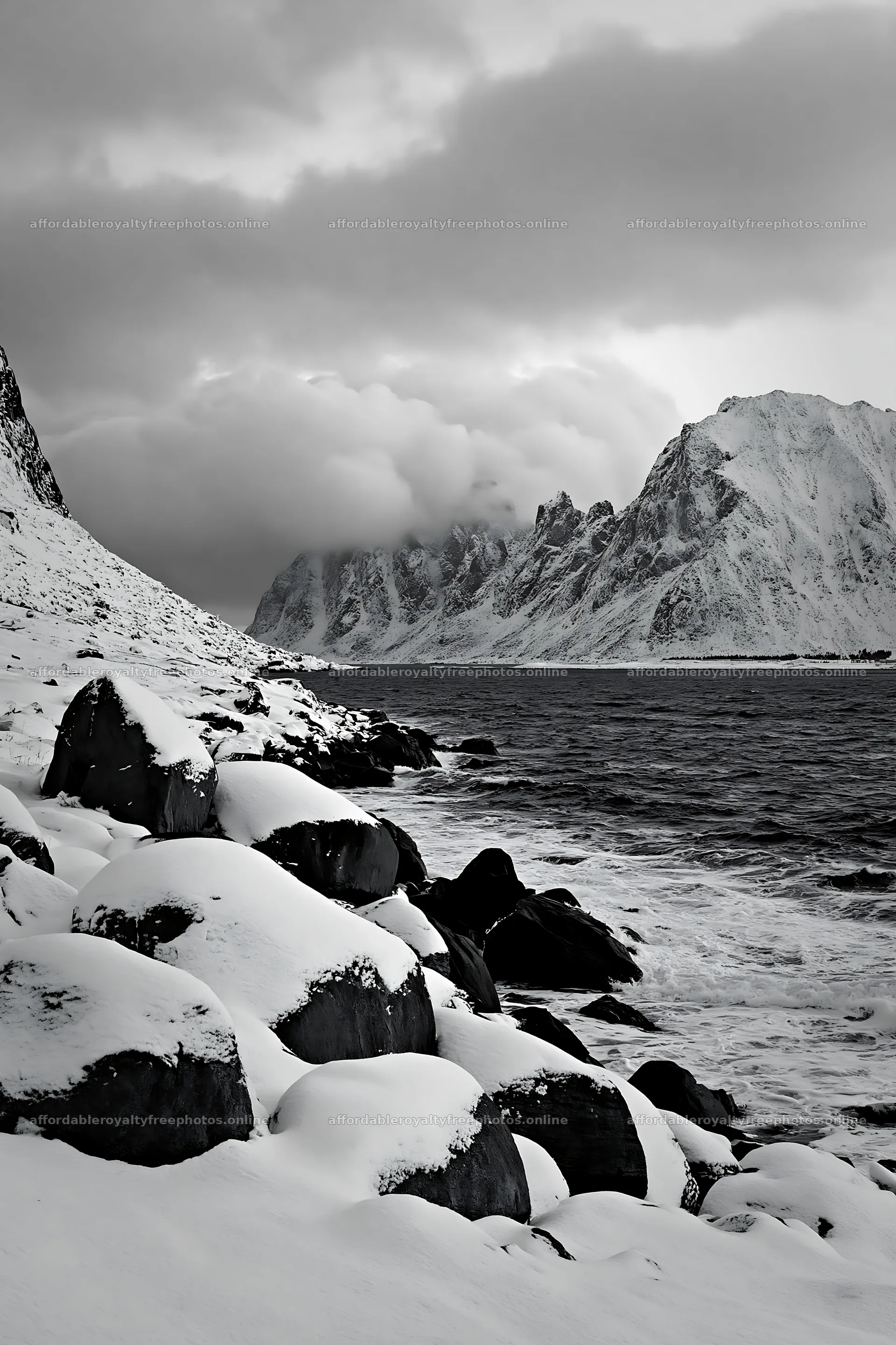 Lofoten coastal meadow winter snow under cloudy sky – royalty-free photos 6480x9722