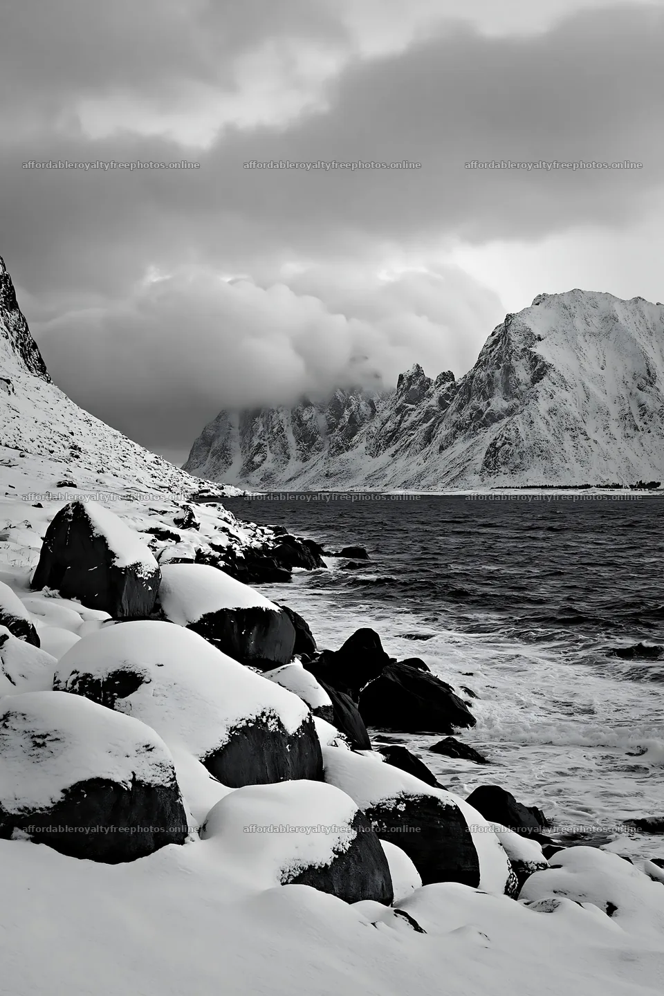 Lofoten coastal meadow winter snow under cloudy sky – royalty-free photos 6480x9722