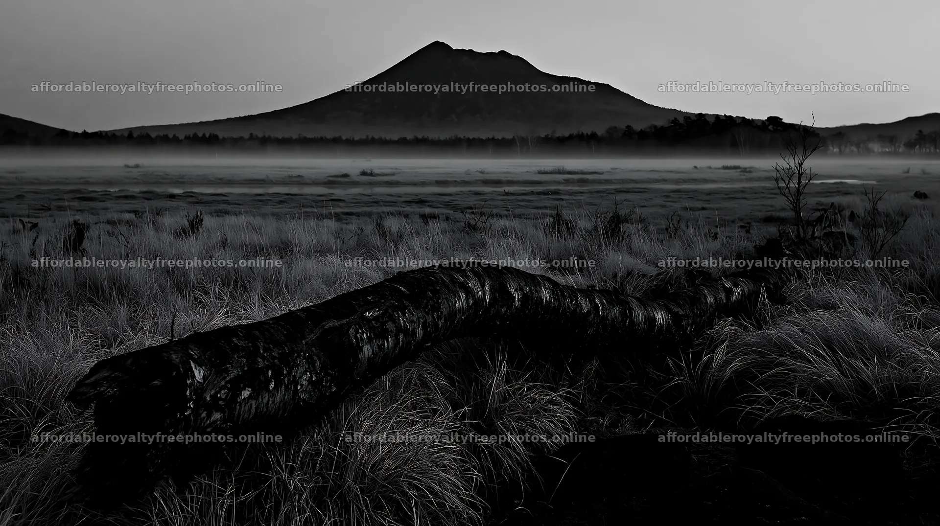Weathered log in meadow with mountain backdrop at dusk – royalty-free photos 10608x5938